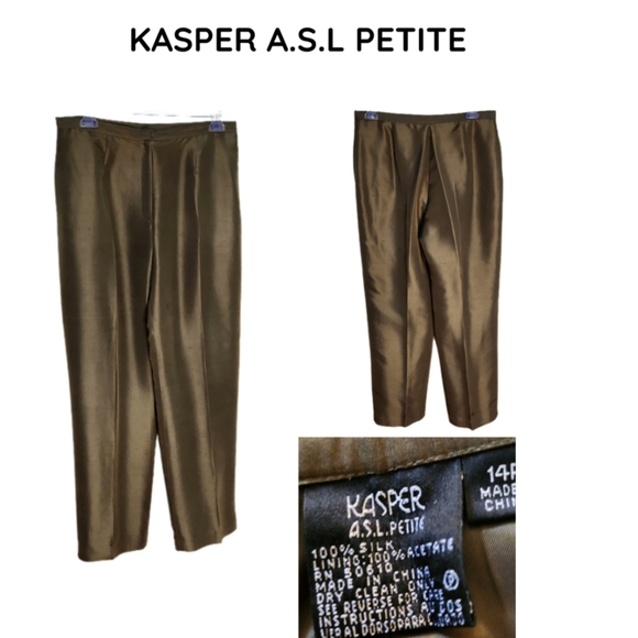 KASPER A.S.L PETITE MOSSY/GREEN-BROWN 00% SILK DESIGNER PANTS - Picture 1 of 4
